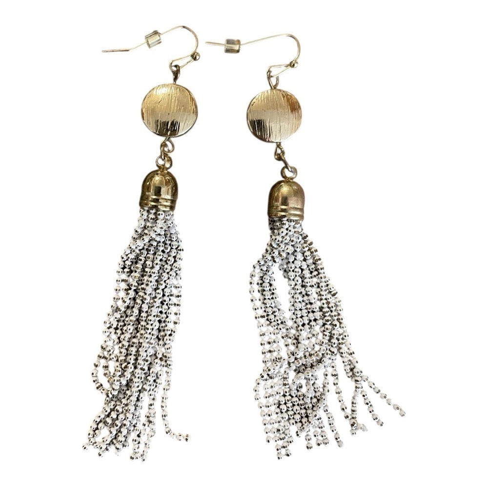 White House Black Market Gold Tassel White Dangle Earrings Minimalist Classic